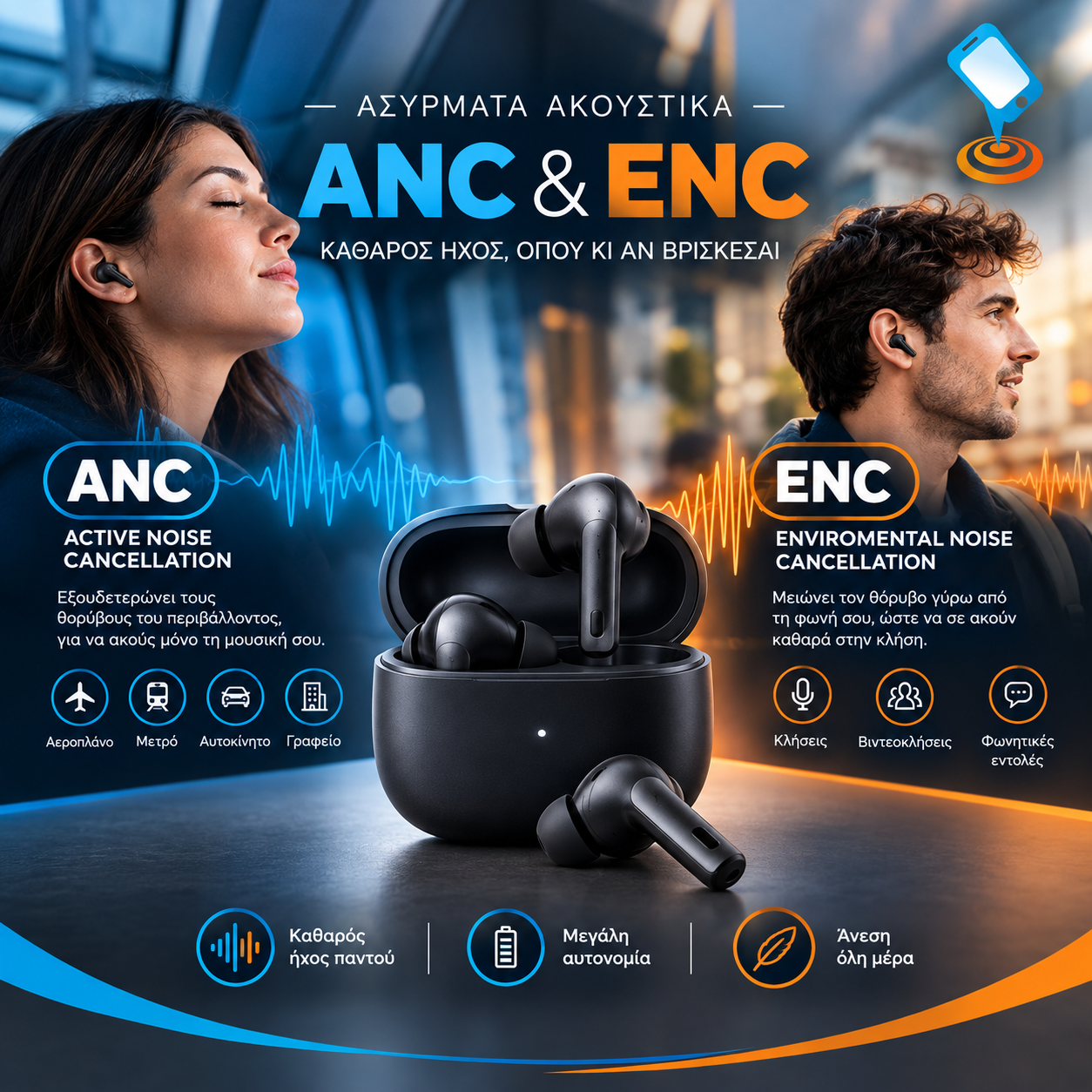 Ασύρματα ακουστικά Bluetooth με ANC και ENC